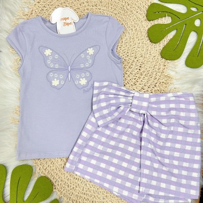 Conj. Blusa Manga Curta Borboleta e Short Xadrez - Lilás