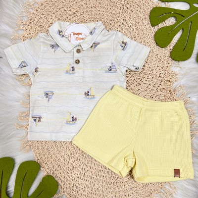 Conj. Camiseta Barcos e Bermuda Canelada - Amarelo