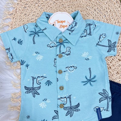 Conj. Camisa Dinos com Coqueiros e Bermuda - Azul