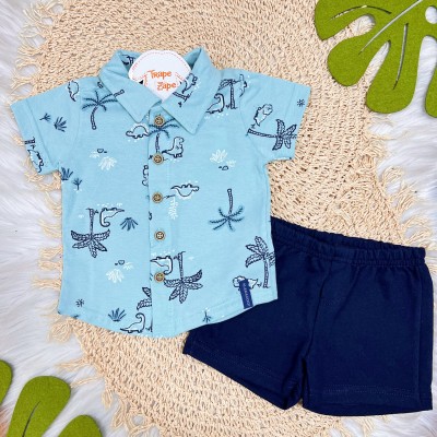 Conj. Camisa Dinos com Coqueiros e Bermuda - Azul