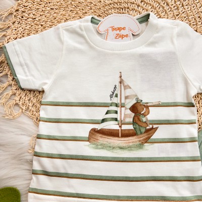 Conj. Camiseta Cachorrinho Marinheiro e Bermuda - Off White e Verde