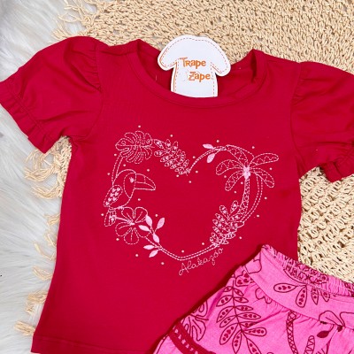 Conj. Blusa Coração Bordado e Saia Plantinhas - Vermelho