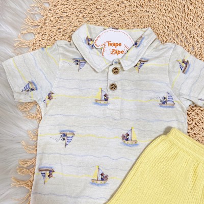 Conj. Camiseta Barcos e Bermuda Canelada - Amarelo