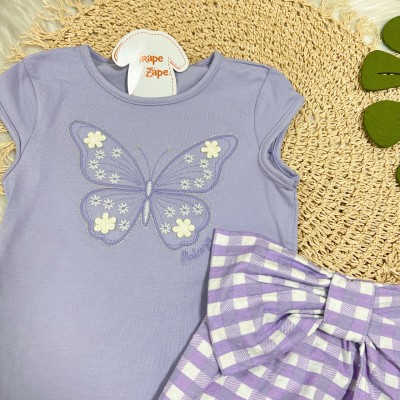 Conj. Blusa Manga Curta Borboleta e Short Xadrez - Lilás