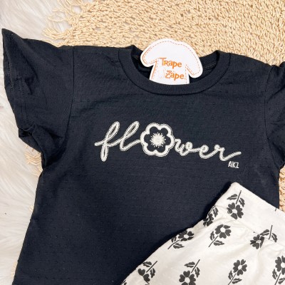 Conj. Blusa Flower com Bolinhas e Short Saia Floral - Preto e Off White