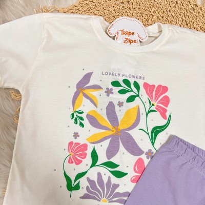 Conj. Blusão Lovely Flowers e Bermuda - Off White e Lilás