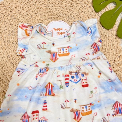 Vestido Manga Curta Casinhas de Praia - Off White