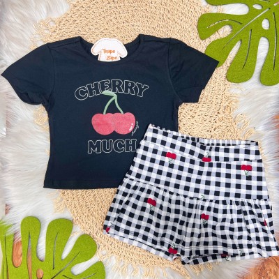 Conj. Blusa Cherry e Short Saia Xadrez - Preto e Branco