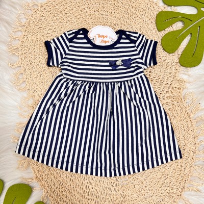 Vestido Listrado com Laço e Pérola - Branco e Marinho 