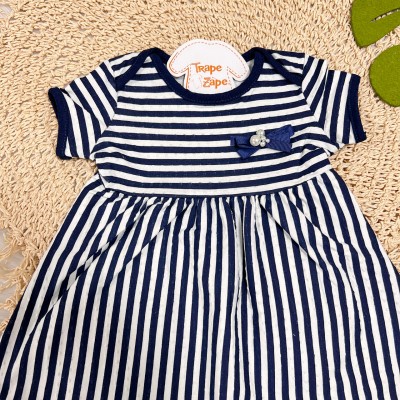 Vestido Listrado com Laço e Pérola - Branco e Marinho 