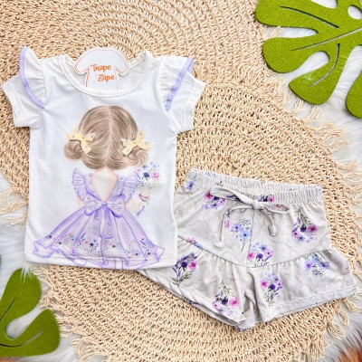 Conj. Blusa Menininha com Coques e Short Flores - Lilás