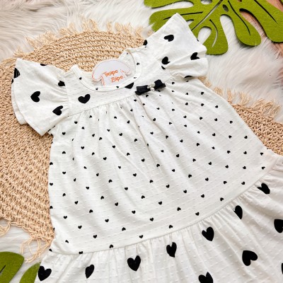 Vestido com Lacinho e Corações - Off White e Preto 