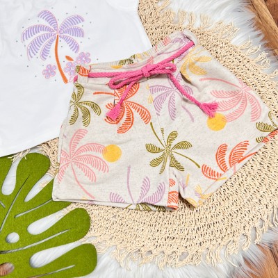 Conj. Blusão Manga Curta Coqueiro e Short em Linho - Off White e Areia
