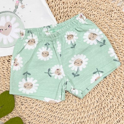 Conj. Blusa Manga Curta Bolsinha e Short Florzinhas - Off White e Verde