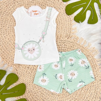 Conj. Blusa Manga Curta Bolsinha e Short Florzinhas - Off White e Verde