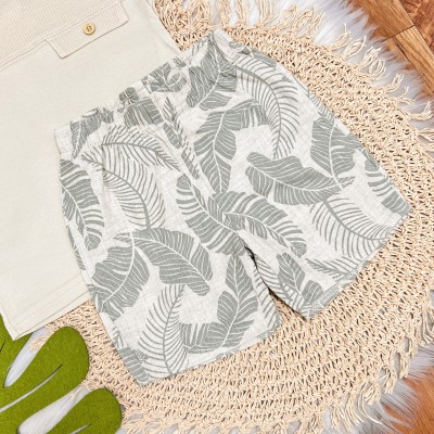 Conj. Camiseta com Botão e Bermuda Folhagem - Areia e Verde
