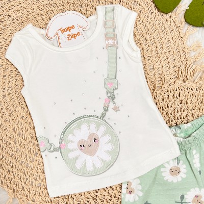 Conj. Blusa Manga Curta Bolsinha e Short Florzinhas - Off White e Verde