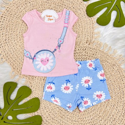 Conj. Blusa Manga Curta Bolsinha e Short Florzinhas - Rosa e Azul