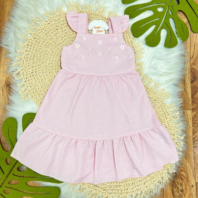 Vestido de Alcinhas Listrado com Flores Bordadas - Rosa
