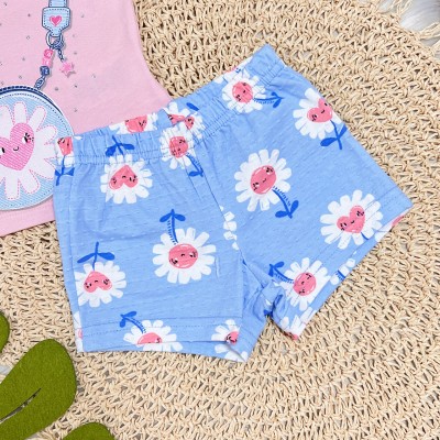 Conj. Blusa Manga Curta Bolsinha e Short Florzinhas - Rosa e Azul