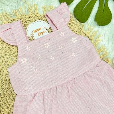 Vestido de Alcinhas Listrado com Flores Bordadas - Rosa