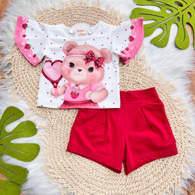 Conj. Blusa Ursinha Jogadora de Tênis e Short - Vermelho
