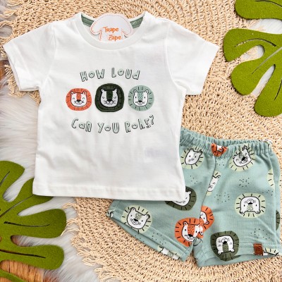 Conj. Camiseta Can You Roar? e Bermuda Leões - Off White e Verde