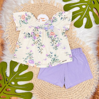 Conj. Batinha Florida e Short - Lilás e Off White
