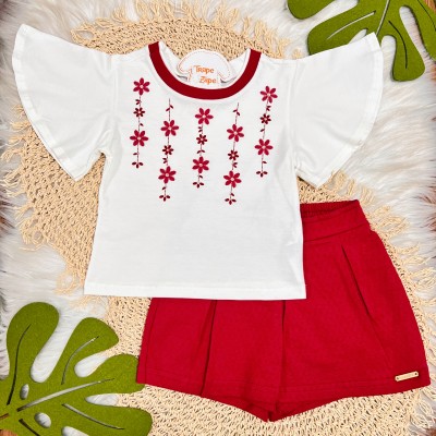 Conj. Blusa Flores Vermelhas e Short Saia - Off White e Vermelho