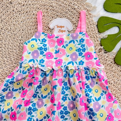 Vestido de Alcinha com Flores Coloridas - Off White e Rosa