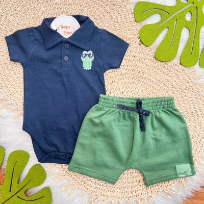 Conj. Body Jacaré e Bermuda em Moletinho - Marinho e Verde