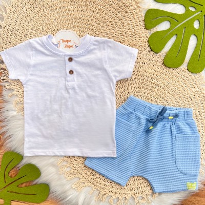 Conj. Camiseta Dois Botões e Bermuda - Branco e Azul Claro