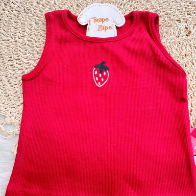 Conj. Regata Canelada Moranguinho e Short Xadrez - Vermelho