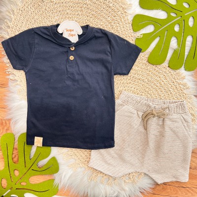 Conj. Camiseta com Botões e Bermuda em Linho - Marinho e Areia