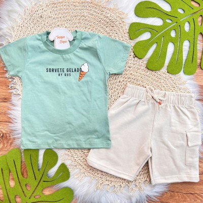 Conj. Camiseta Sorvete Gelado e Bermuda - Verde e Areia