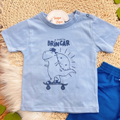 Conj. Camiseta #PartiuBrincar e Bermuda - Azul Claro e Azul Escuro