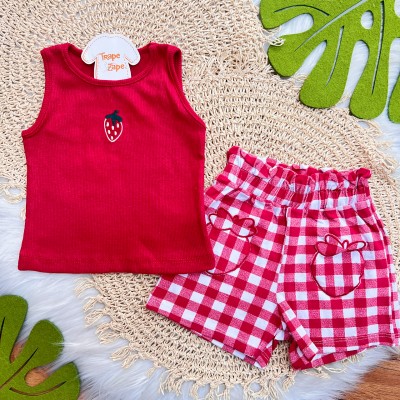 Conj. Regata Canelada Moranguinho e Short Xadrez - Vermelho