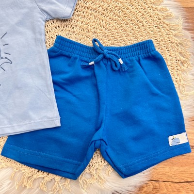 Conj. Camiseta #PartiuBrincar e Bermuda - Azul Claro e Azul Escuro
