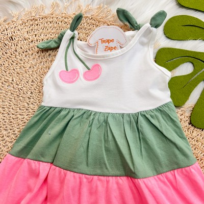 Vestido Cerejinha com Três cores - Verde, Rosa e Off White