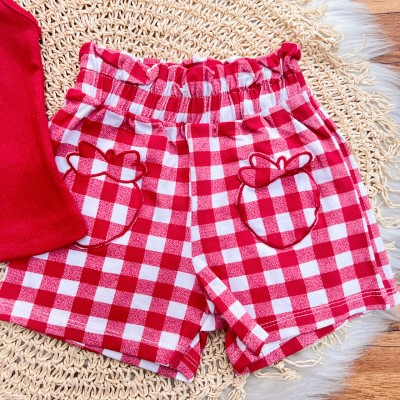 Conj. Regata Canelada Moranguinho e Short Xadrez - Vermelho
