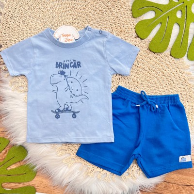Conj. Camiseta #PartiuBrincar e Bermuda - Azul Claro e Azul Escuro