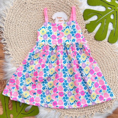 Vestido de Alcinha com Flores Coloridas - Off White e Rosa
