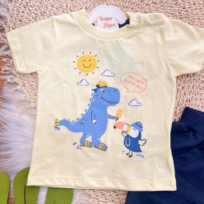Conj. Camiseta Vai Um Picolé? e Bermuda - Amarelo e Marinho