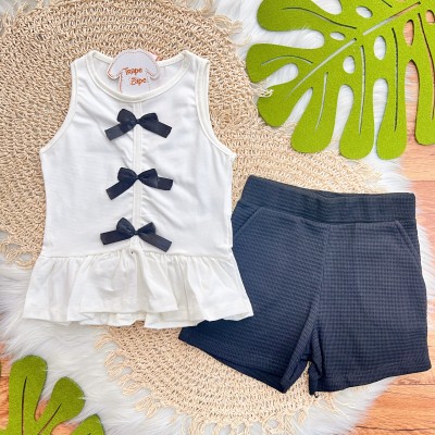 Conj. Regata Três Laços e Short - Off White e Preto