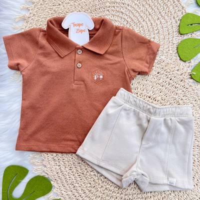 Conj. Camiseta Gola Polo e Bermuda em Moletinho - Ferrugem