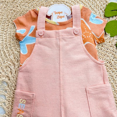 Conj. Blusa Estrelas do Mar e Salopete em Linho - Salmão