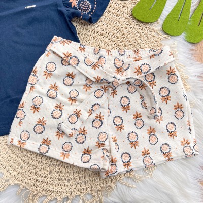 Conj. Blusa Manga Flare e Short em Linho Mini Abacaxi - Azul Marinho