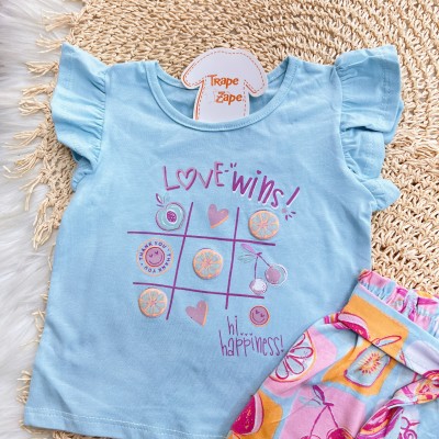 Conj. Blusa Love Wins e Short Frutinhas - Azul