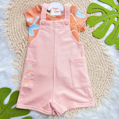 Conj. Blusa Estrelas do Mar e Salopete em Linho - Salmão