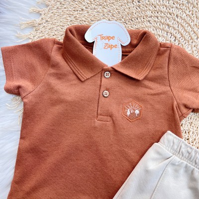 Conj. Camiseta Gola Polo e Bermuda em Moletinho - Ferrugem